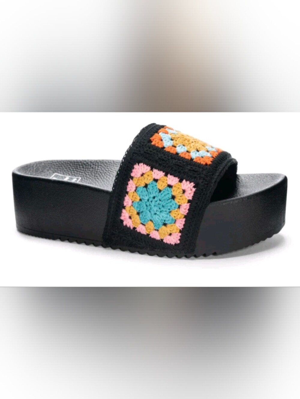 Rogue Black Platform Slide Sandal with Multicolor Crochet Accent
